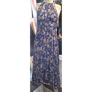 Abel The Label Floral Halter Maxi Dress Blue Purple Open Back Smocked Waist XL